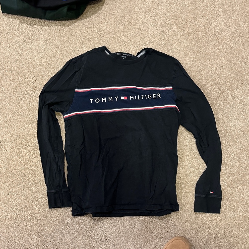 Tommy Hilfiger Navy Long Sleeve Tee with Red and White Stripes
